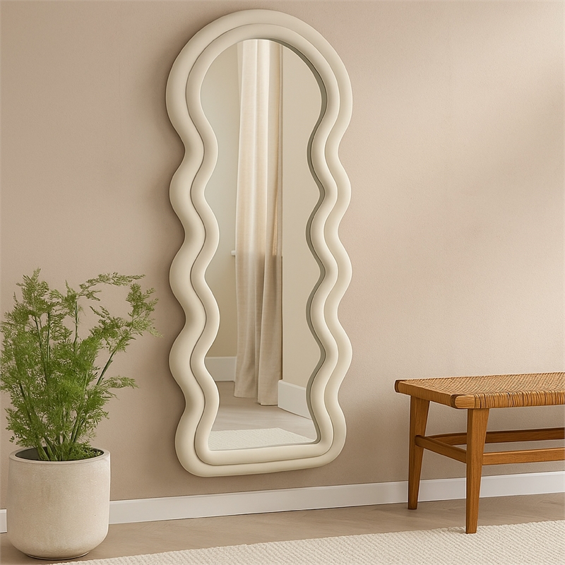 Benjara Izy Floor Mirror- 63 Inch- Light Beige Wavy Abstract Frame- Wood