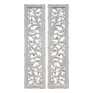 Benjara 50&quot Tall Ozy Carved Wall Art Panel - Distressed White (Set of 2)