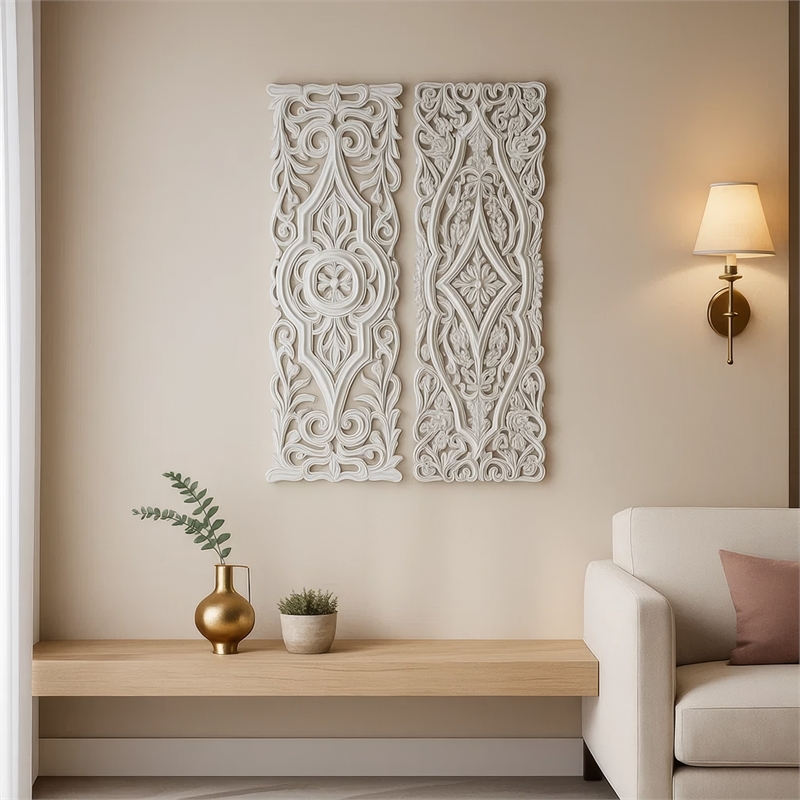 Benjara 16x48 Ozy Carved Wall Art Panel - Distressed White Wood (Set of 2)
