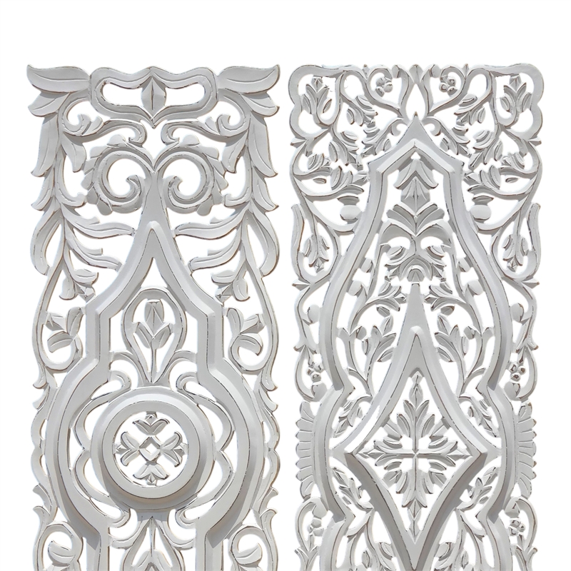 Benjara 16x48 Ozy Carved Wall Art Panel - Distressed White Wood (Set of 2)