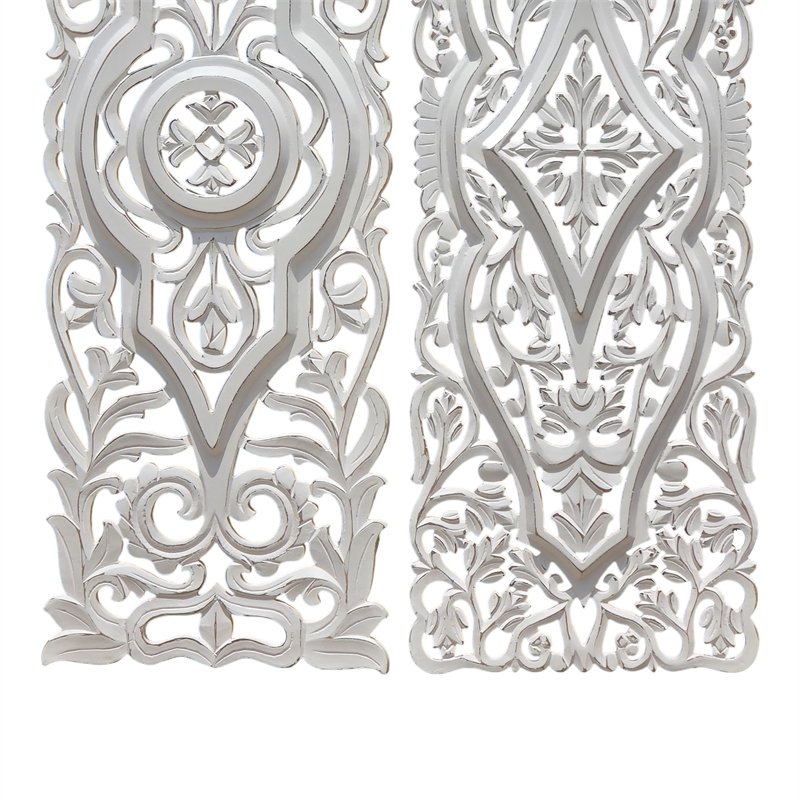 Benjara 16x48 Ozy Carved Wall Art Panel - Distressed White Wood (Set of 2)