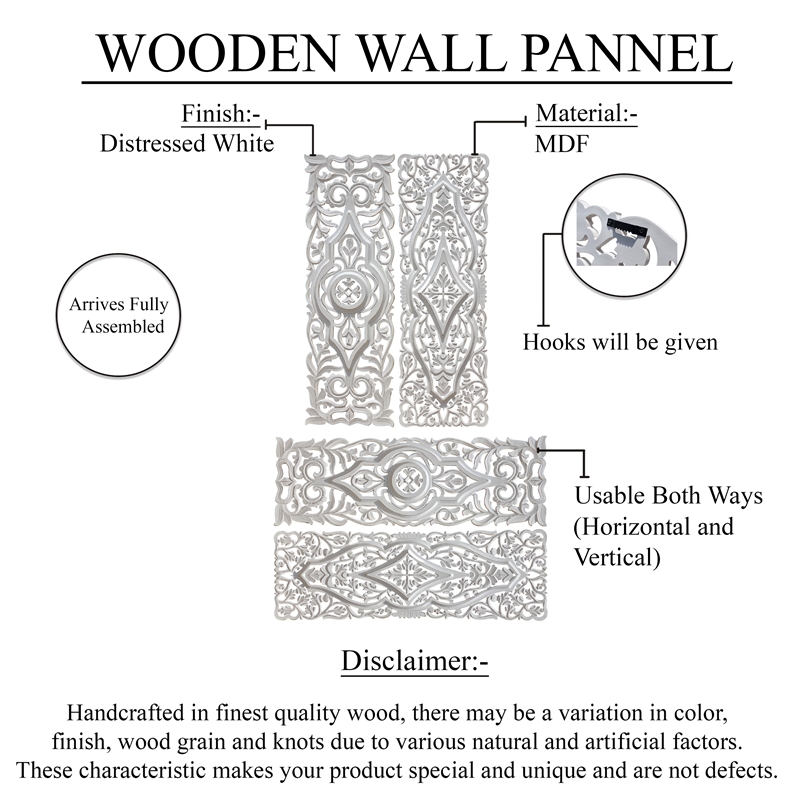 Benjara 16x48 Ozy Carved Wall Art Panel - Distressed White Wood (Set of 2)