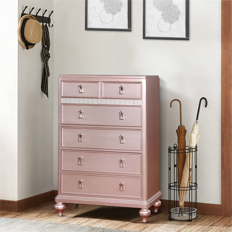 Benjara Five Drawers Contemporary Solid Wood Chest With Mirror Accent- Pink