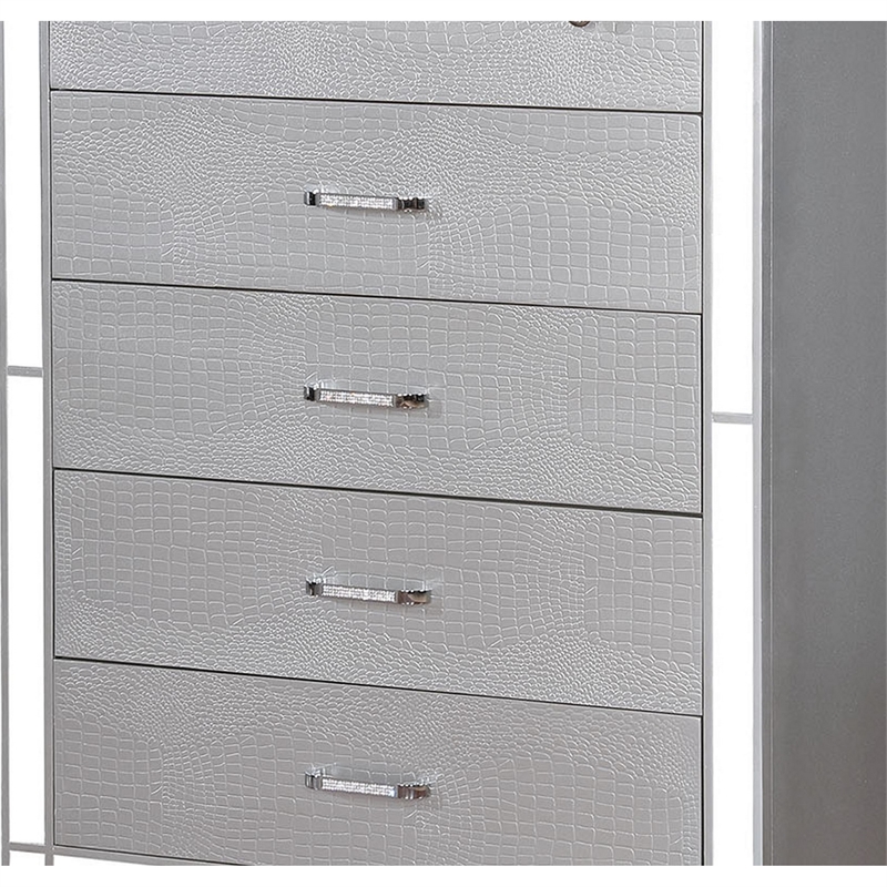 Benjara Five Drawer Solid Wood Chest with Mirror Accent Trim Front- Silver