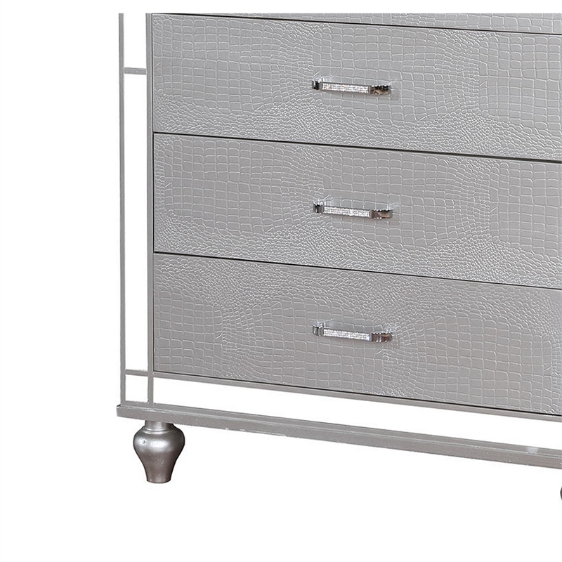 Benjara Five Drawer Solid Wood Chest with Mirror Accent Trim Front- Silver