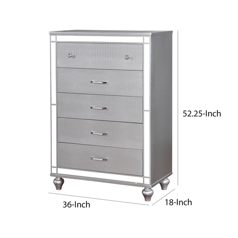 Benjara Five Drawer Solid Wood Chest with Mirror Accent Trim Front- Silver
