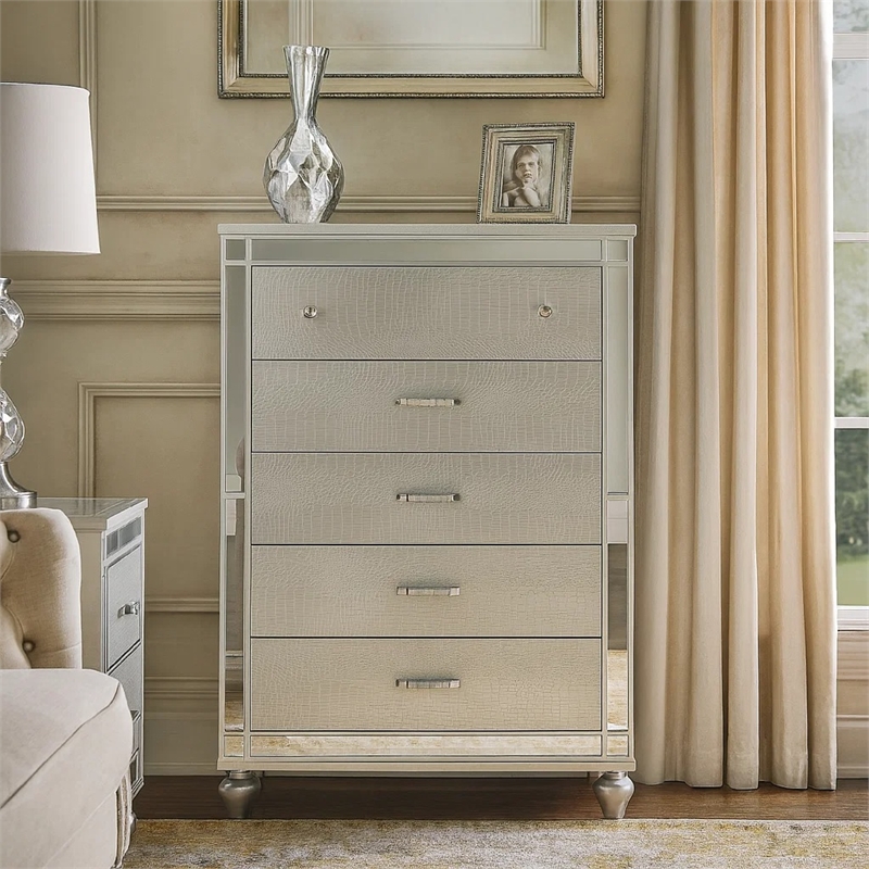 Benjara Five Drawer Solid Wood Chest with Mirror Accent Trim Front- Silver