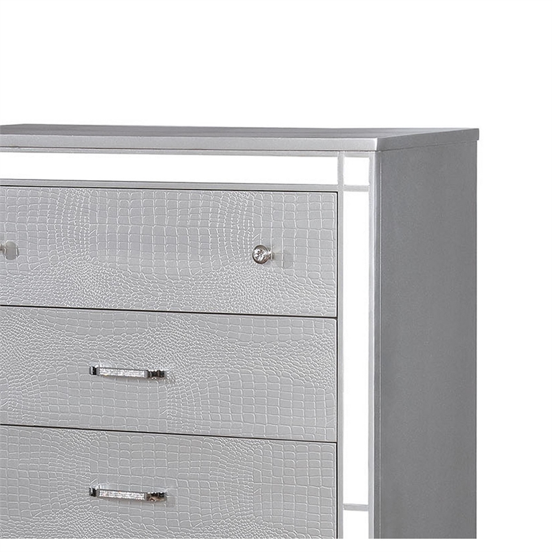 Benjara Five Drawer Solid Wood Chest with Mirror Accent Trim Front- Silver