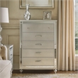 Benjara Five Drawer Solid Wood Chest with Mirror Accent Trim Front- Silver