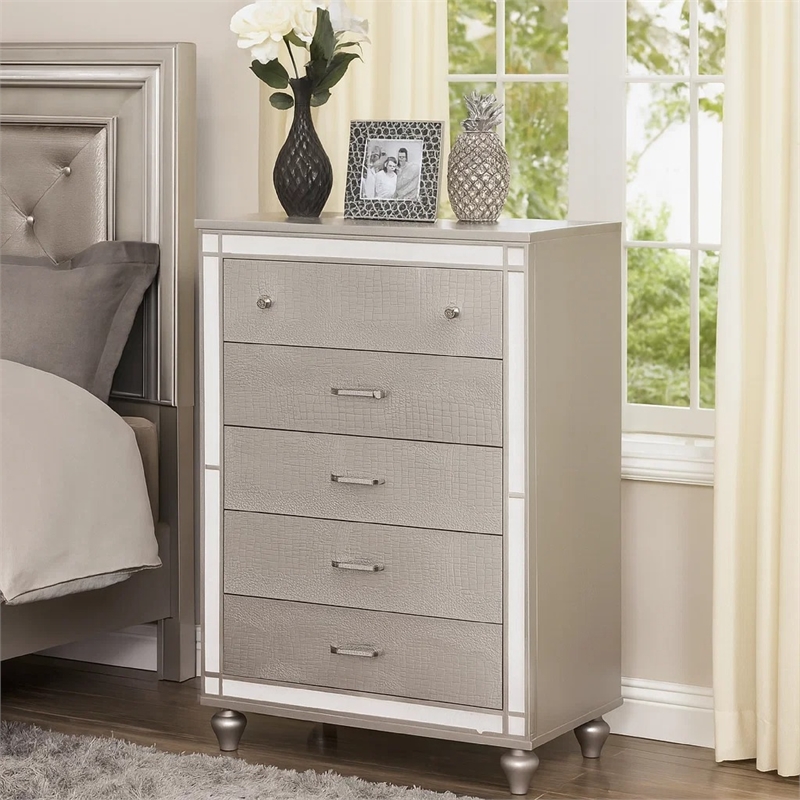 Benjara Five Drawer Solid Wood Chest with Mirror Accent Trim Front- Silver
