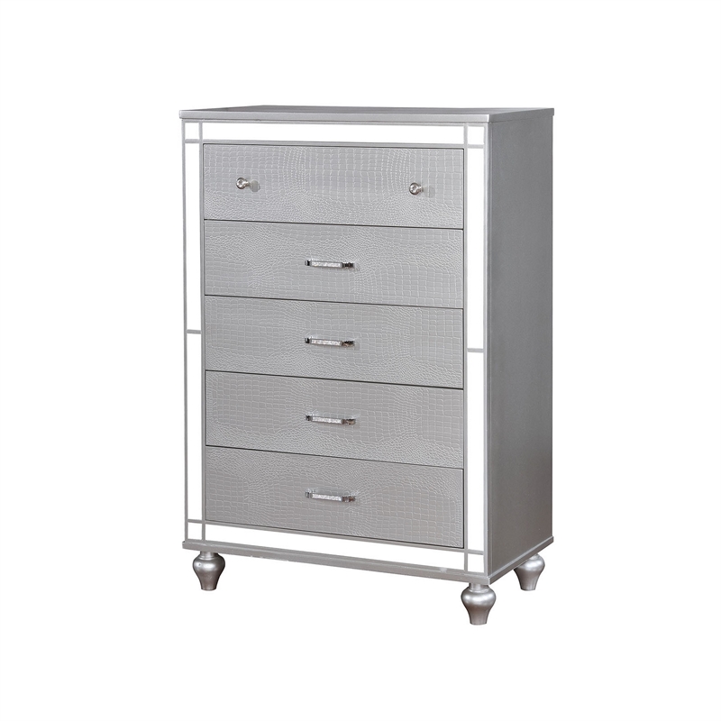 Benjara Five Drawer Solid Wood Chest with Mirror Accent Trim Front- Silver