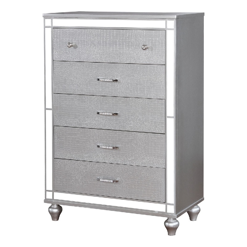 Benjara Five Drawer Solid Wood Chest with Mirror Accent Trim Front- Silver