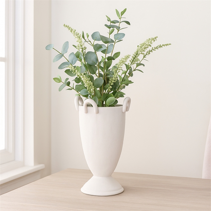 Benjara Fiji Accent Planter w Loop Handles- Pedestal White Ceramic 16 Inch
