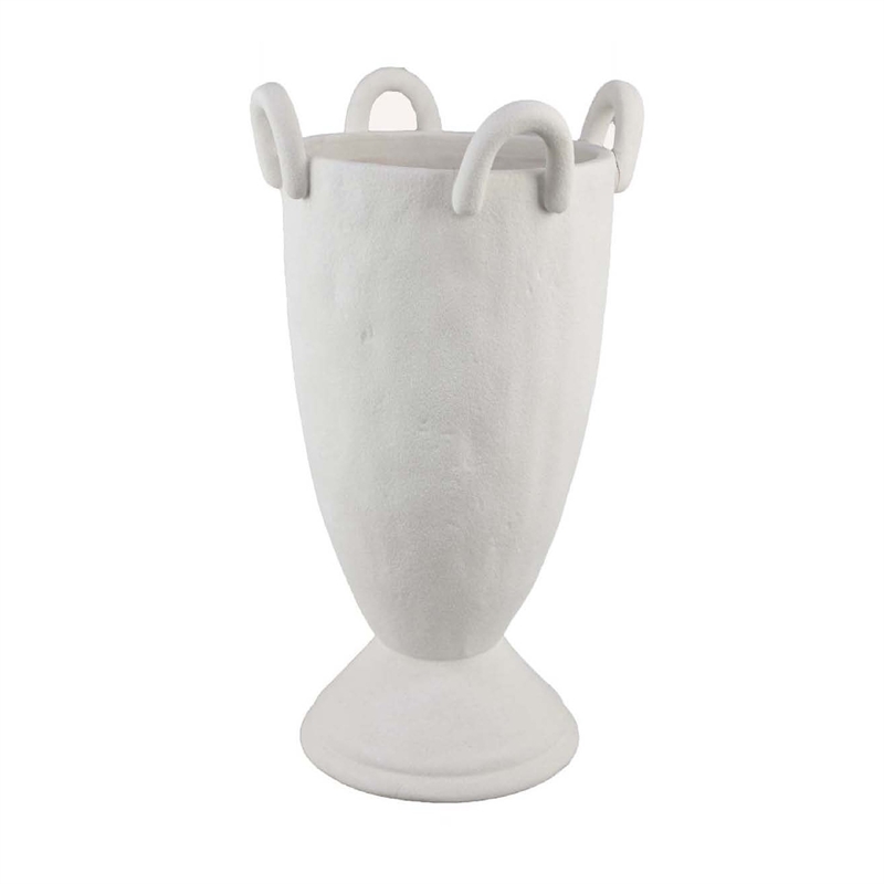 Benjara Fiji Accent Planter w Loop Handles- Pedestal White Ceramic 16 Inch