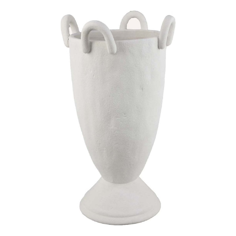 Benjara Fiji Accent Planter w Loop Handles- Pedestal White Ceramic 16 Inch