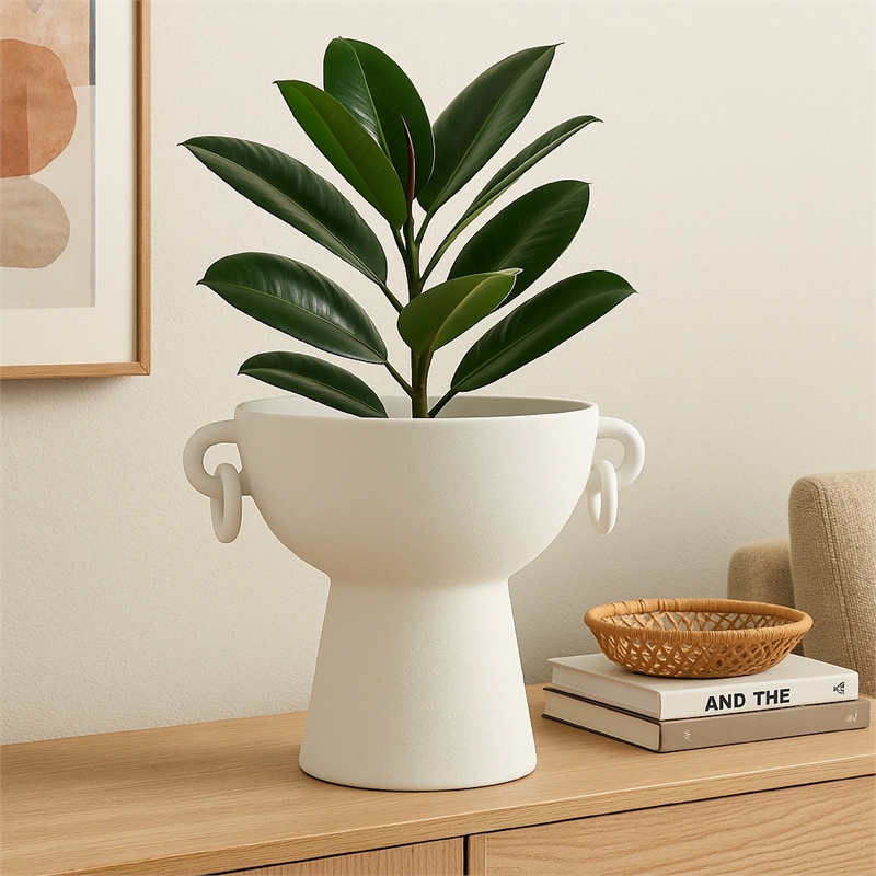 Benjara Decorative Bowl Planter- 2 Round Handles- Modern White Ceramic 14 Inch