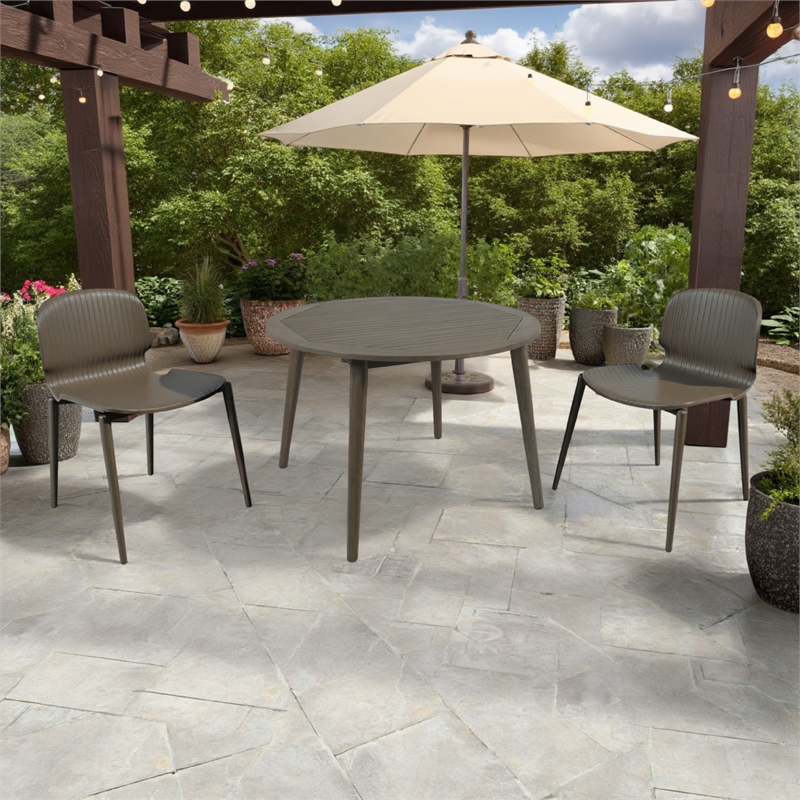 Benjara Ambre Patio Dining Table- Round Slatted Oak Brown Acacia Wood 47 Inch