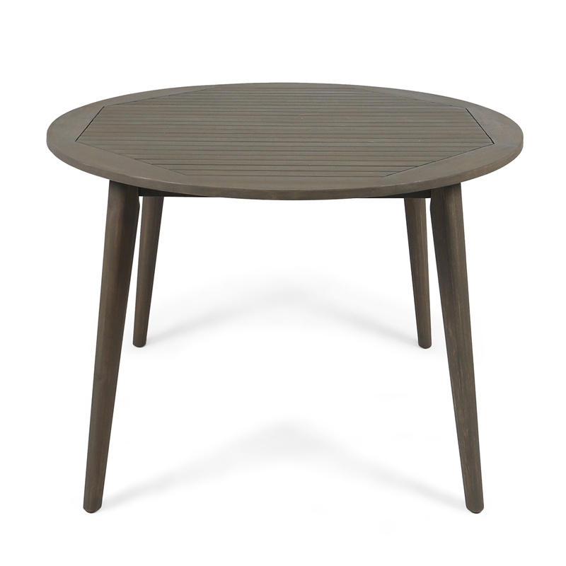 Benjara Ambre Patio Dining Table- Round Slatted Oak Brown Acacia Wood 47 Inch
