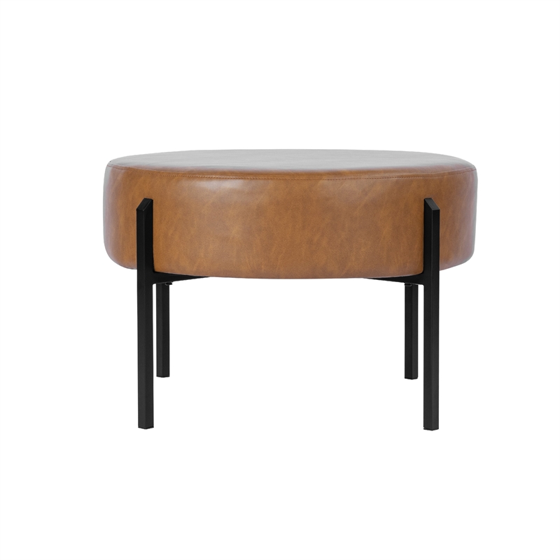 Benjara Joe Round Ottoman Footstool- Black Metal- Brown Faux Leather 28 Inch