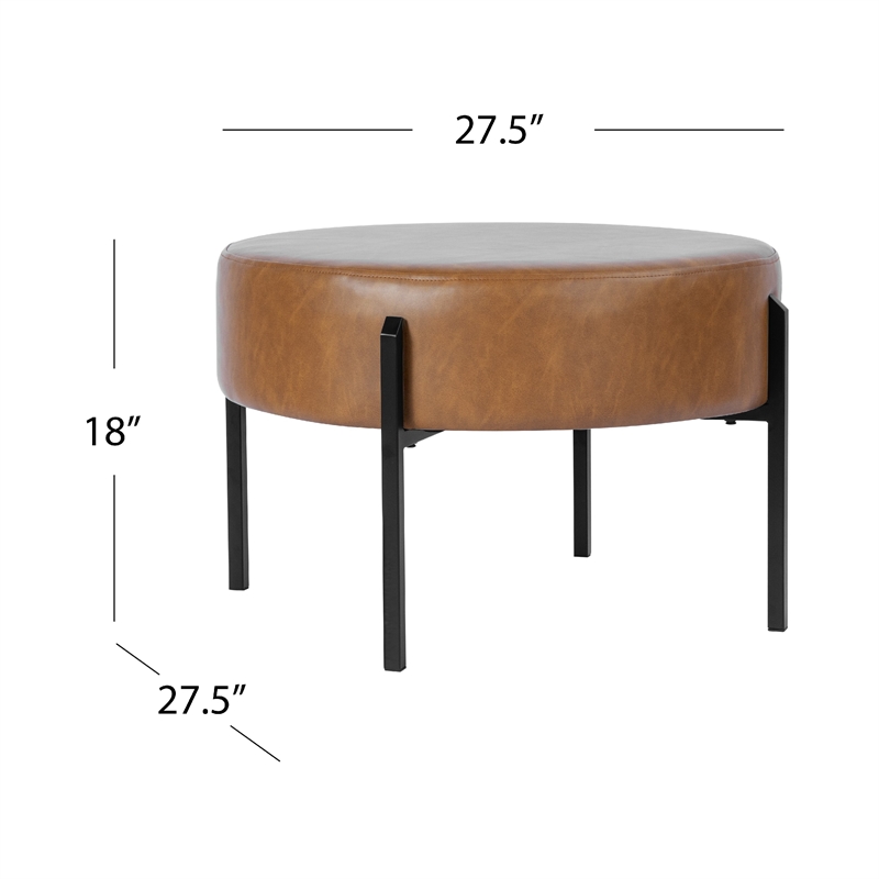 Benjara Joe Round Ottoman Footstool- Black Metal- Brown Faux Leather 28 Inch