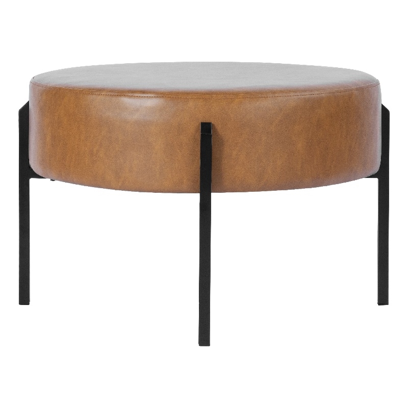 Benjara Joe Round Ottoman Footstool- Black Metal- Brown Faux Leather 28 Inch