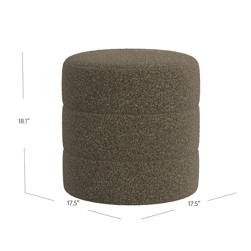 Benjara Sem Round Accent Ottoman- Dark Brown Channel Stitched Boucle 18 Inch