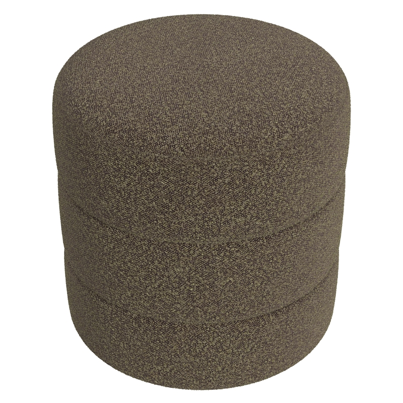 Benjara Sem Round Accent Ottoman- Dark Brown Channel Stitched Boucle 18 Inch