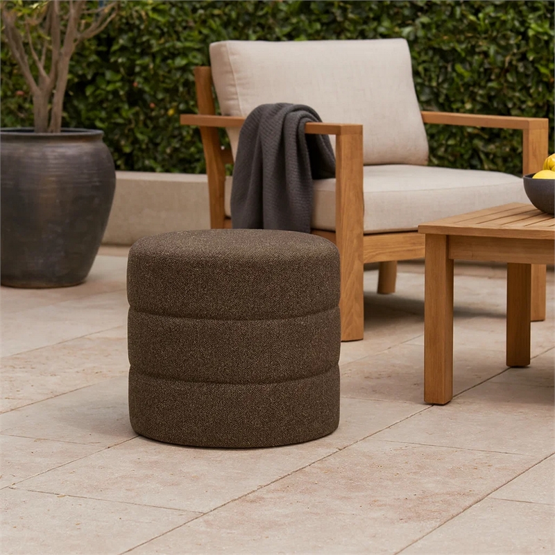 Benjara Sem Round Accent Ottoman- Dark Brown Channel Stitched Boucle 18 Inch