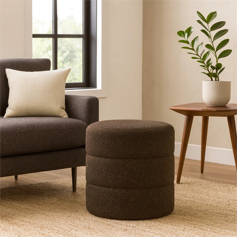 Benjara Sem Round Accent Ottoman- Dark Brown Channel Stitched Boucle 18 Inch