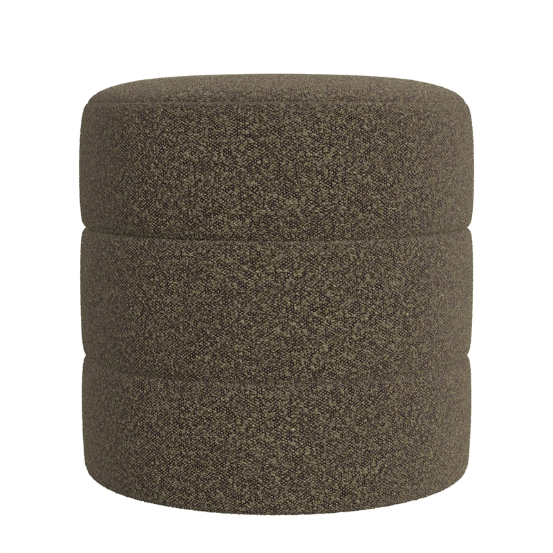 Benjara Sem Round Accent Ottoman- Dark Brown Channel Stitched Boucle 18 Inch