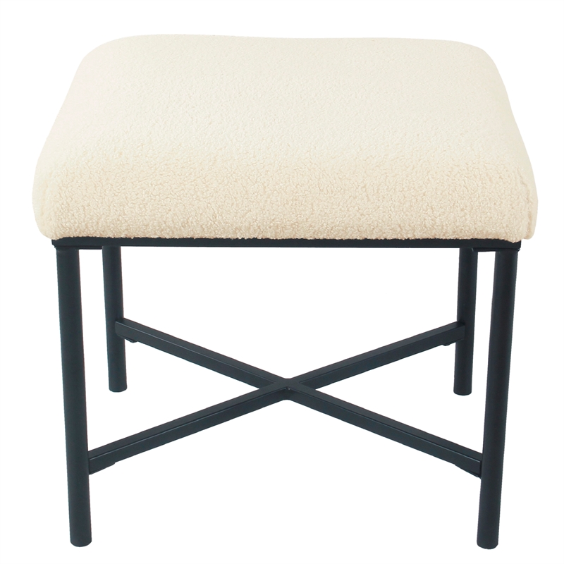 Benjara Zac Square Ottoman Footstool- Black- Cream Faux Sheepskin 19 Inch