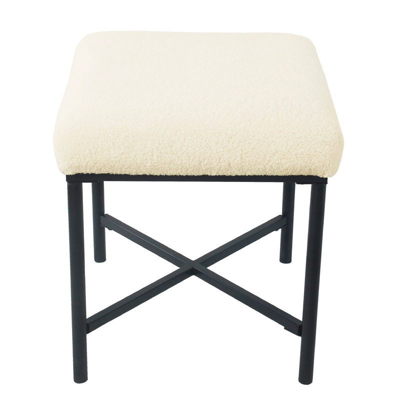 Benjara Zac Square Ottoman Footstool- Black- Cream Faux Sheepskin 19 Inch
