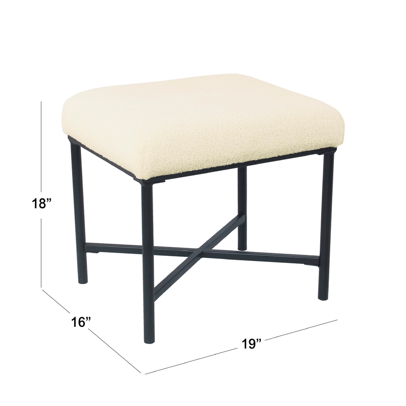 Benjara Zac Square Ottoman Footstool- Black- Cream Faux Sheepskin 19 Inch