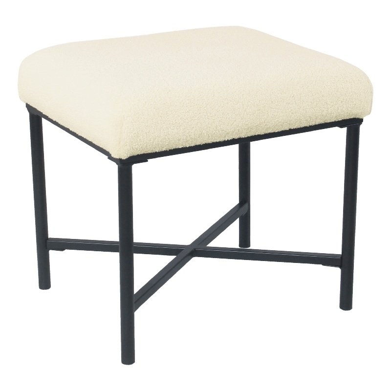 Benjara Zac Square Ottoman Footstool- Black- Cream Faux Sheepskin 19 Inch