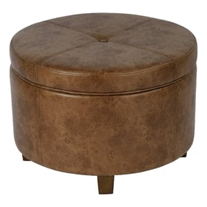 Benjara Soni Round Storage Ottoman- 24&quot Brown Faux Leather- Wood Legs
