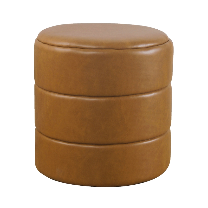 Benjara Sem Round Accent Ottoman- Brown Channel Tufted Faux Leather 18 Inch