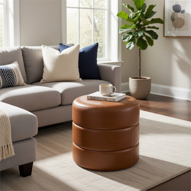 Benjara Sem Round Accent Ottoman- Brown Channel Tufted Faux Leather 18 Inch