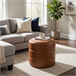 Benjara Sem Round Accent Ottoman- Brown Channel Tufted Faux Leather 18 Inch