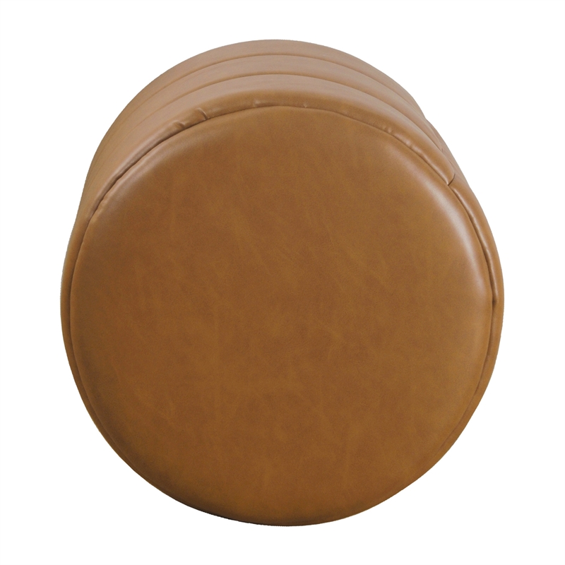 Benjara Sem Round Accent Ottoman- Brown Channel Tufted Faux Leather 18 Inch