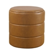 Benjara Sem Round Accent Ottoman- Brown Channel Tufted Faux Leather 18 Inch