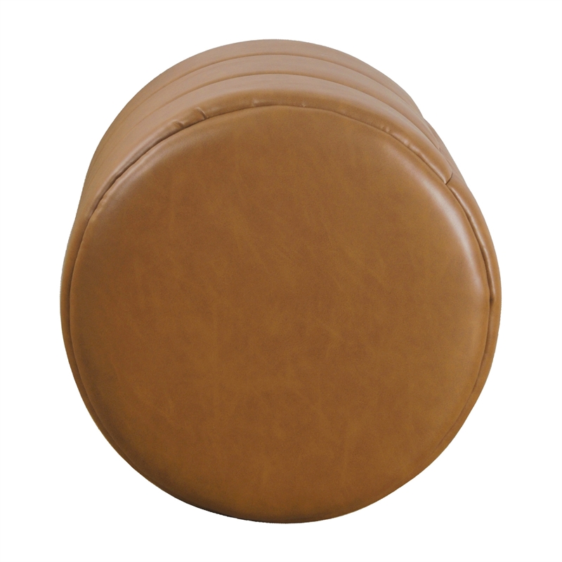 Benjara Sem Round Accent Ottoman- Brown Channel Tufted Faux Leather 18 Inch