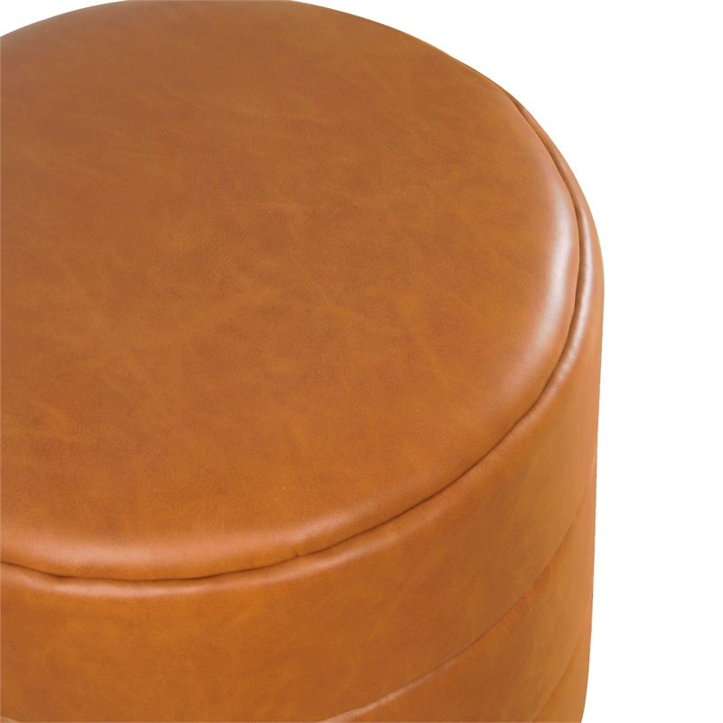 Benjara Sem Round Accent Ottoman- Brown Channel Tufted Faux Leather 18 Inch