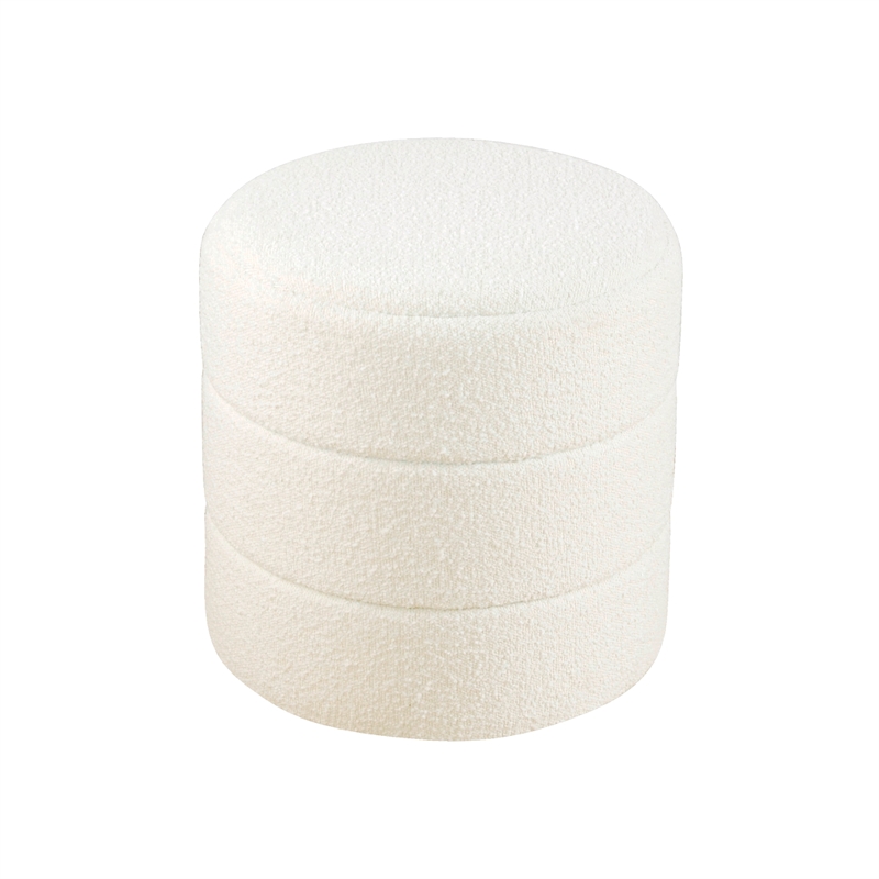 Benjara Sem Round Accent Ottoman- Cream White Chanel Stitched Boucle 18 Inch