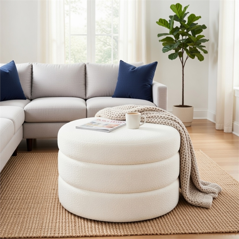 Benjara Sem Round Accent Ottoman- Cream White Chanel Stitched Boucle 18 Inch
