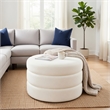 Benjara Sem Round Accent Ottoman- Cream White Chanel Stitched Boucle 18 Inch
