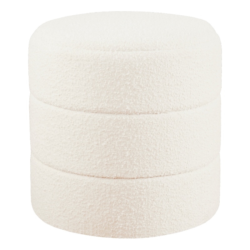 Benjara Sem Round Accent Ottoman- Cream White Chanel Stitched Boucle 18 Inch