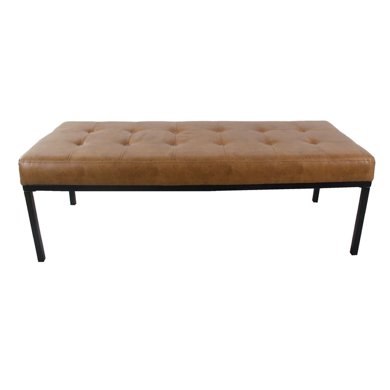 Benjara Alp Bench- Black Open Metal Frame- Brown Tufted Faux Leather 54 Inch