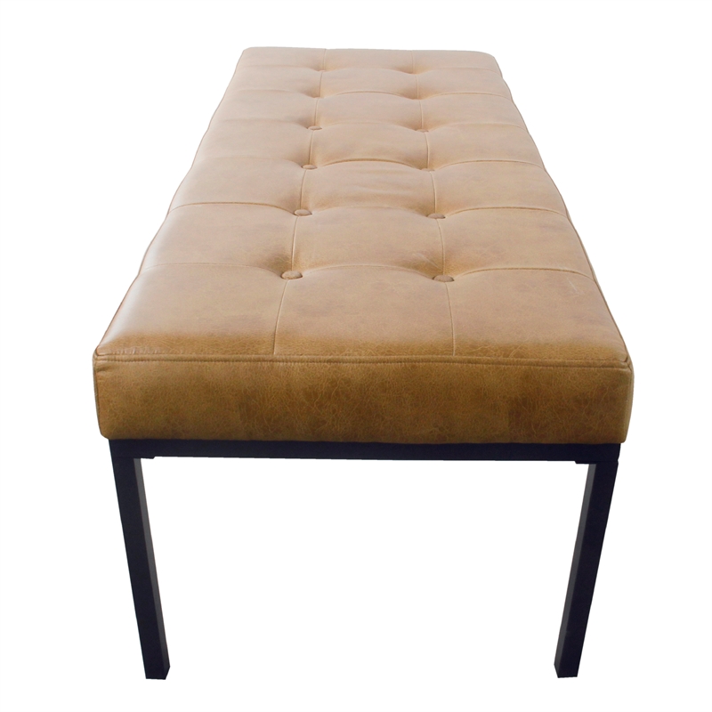 Benjara Alp Bench- Black Open Metal Frame- Brown Tufted Faux Leather 54 Inch