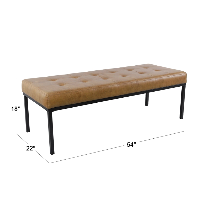 Benjara Alp Bench- Black Open Metal Frame- Brown Tufted Faux Leather 54 Inch