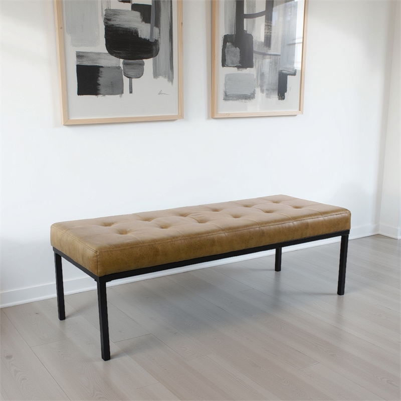Benjara Alp Bench- Black Open Metal Frame- Brown Tufted Faux Leather 54 Inch